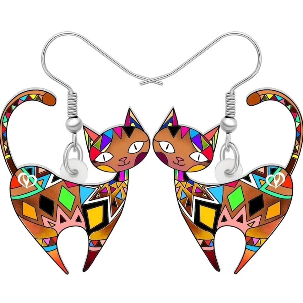 Women's jewelry unique multicolored designed cat dangle earrings!